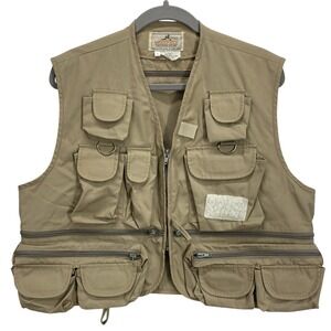 Woodfield Khaki Canvas Fly‎ Fishing Vest Men's L Full Zip Pockets Cotton Blend